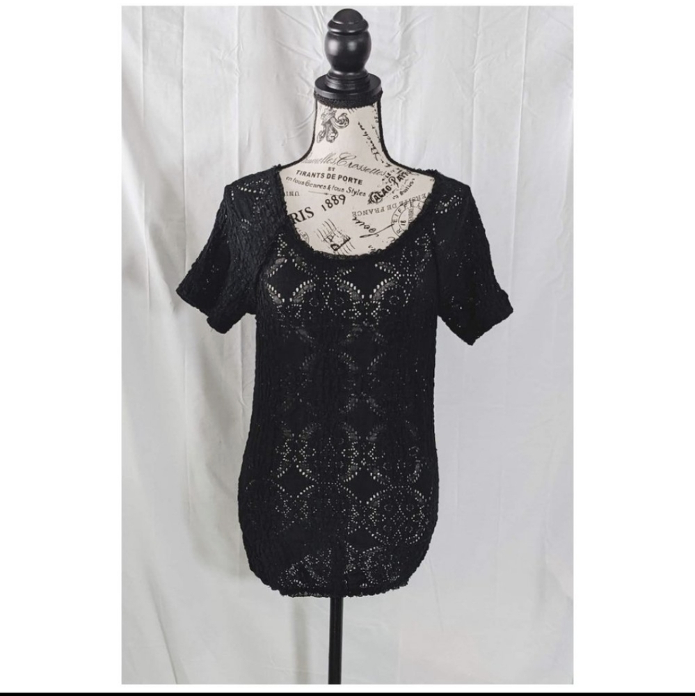 Free People Black Lace Short Sleeve Top, Size Medium